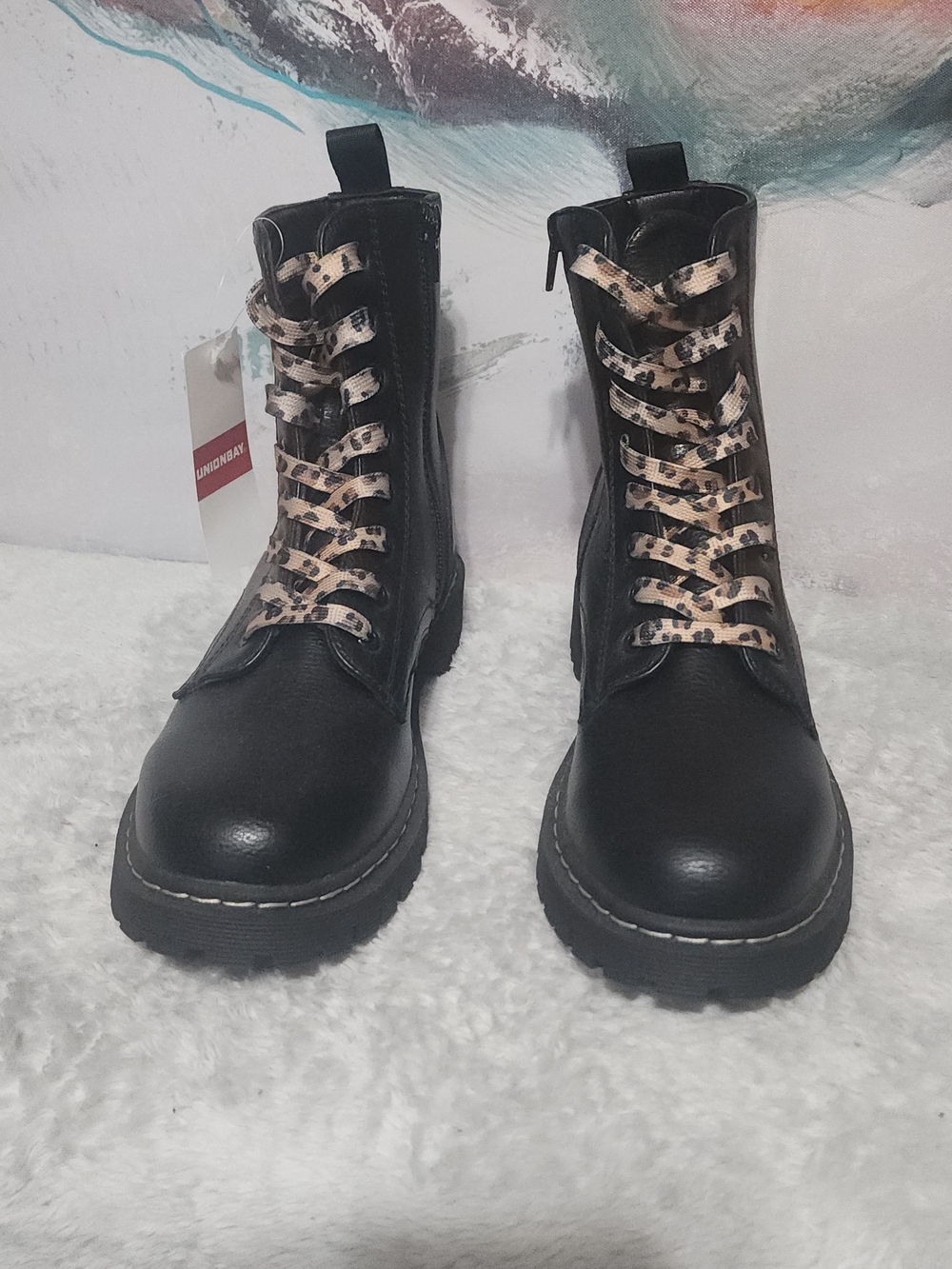 UNIONBAY Black Lace-Up Combat Boots with Leopard Print Laces